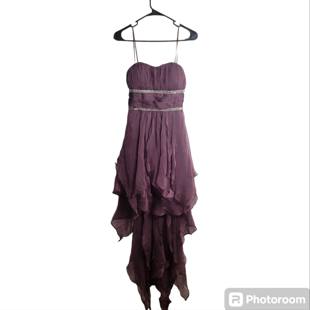 AGGIE, Plum, spaghetti strap, high-low, semi-formal w silver bead accents. SZ. M